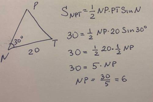 Площадь треугольника NPT равна 30 см2, угол ∡N=30°, сторона NT=20 см. Определи длину стороны NP.