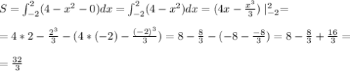 S=\int^2_{-2}(4-x^2-0)dx=\int^2_{-2}(4-x^2)dx=(4x-\frac{x^3}{3})\mid^2_{-2}=\\\\=4*2-\frac{2^3}{3}-(4*(-2)-\frac{(-2)^3}{3})=8-\frac{8}{3}-(-8-\frac{-8}{3})=8-\frac{8}{3}+\frac{16}{3}=\\\\ =\frac{32}{3}