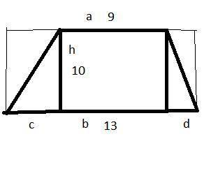 Основания трапеции равны 9 м и 13 м, а высота равна 10 м. Вычисли площадь трапеции.