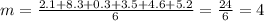 m=\frac{2.1+8.3+0.3+3.5+4.6+5.2}{6}=\frac{24}{6}=4