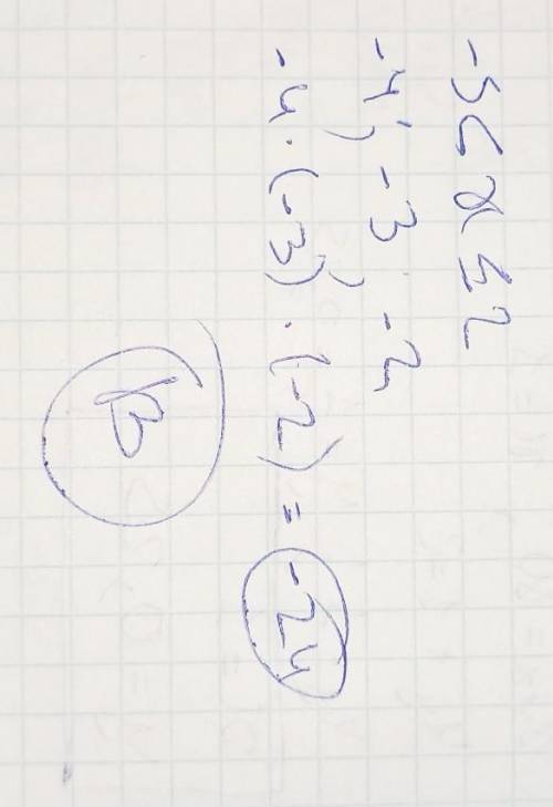 Знайдіть добуток всіх цілих розв’язків нерівності -5<х≤-2 A)24 Б)12 В)-24 Г)-12