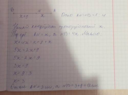 Точка N лежить на променях AB і BA, причому AN:NB=1: 4. Знайдіть відстань між точками B і N, якщо ця