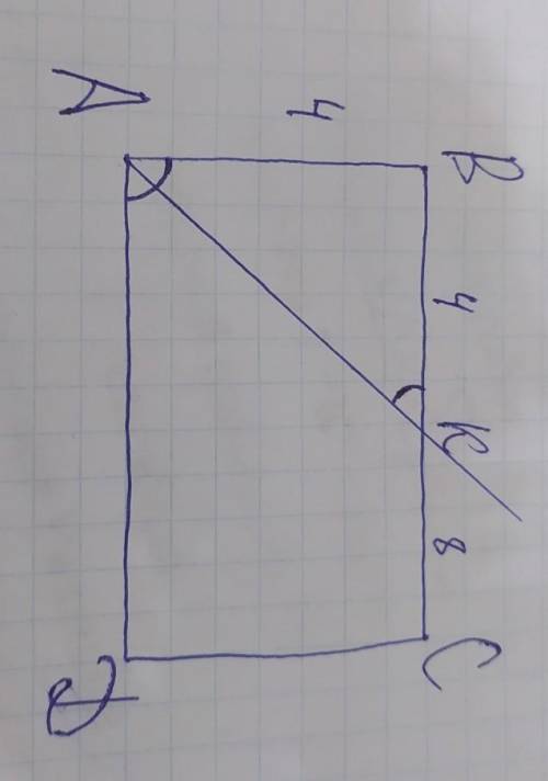 Бісектриса кута А прямокутника АВСD ділить сторну ВС на відрізки ВК=4 см КС=8 см Знайдіть площу цьог