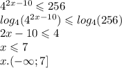 {4}^{2x - 10} \leqslant 256 \\ log_{4}( {4}^{2x - 10} ) \leqslant log_{4}(256) \\ 2x - 10 \leqslant 4 \\ x \leqslant 7 \\ x.( - \infty ; 7]