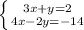 \left \{ {{3x+y=2} \atop {4x-2y=-14}} \right.