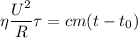 \eta\dfrac{U^2}{R}\tau = cm(t - t_0)