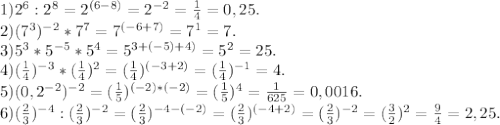 1)2^6:2^8=2^{(6-8)}=2^{-2} =\frac{1}{4}=0,25.\\2)(7^3)^{-2}*7^7=7^{(-6+7)}=7^1=7.\\3)5^3*5^{-5}*5^4=5^{3+(-5)+4)}=5^2=25.\\4)(\frac{1}{4})^{-3}*(\frac{1}{4})^2=(\frac{1}{4})^{(-3+2)}=(\frac{1}{4})^{-1}=4.\\5)(0,2^{-2})^{-2}=(\frac{1}{5})^{(-2)*(-2)}=(\frac{1}{5})^4=\frac{1}{625}=0,0016.\\6) (\frac{2}{3} )^{-4}:(\frac{2}{3})^{-2}= (\frac{2}{3})^{-4-(-2)} =(\frac{2}{3} )^{(-4+2)}=(\frac{2}{3}) ^{-2}=(\frac{3}{2})^2= \frac{9}{4}=2,25.