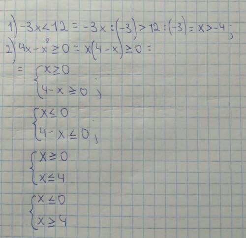 Розв'яжіть нерівність:1)-3x<122)4x-x²≥0​