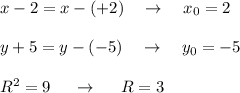 x-2=x-(+2)\ \ \ \to \ \ \ x_0=2\\\\y+5=y-(-5)\ \ \ \to \ \ \ y_0=-5\\\\R^2=9\ \ \ \ \to \ \ \ \ R=3