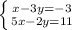 \left \{ {{x-3y=-3} \atop {5x-2y=11}} \right.