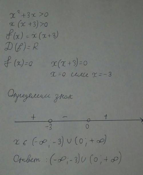 Решите неравенство: х^2+3х>0 Выберите один или несколько ответов: 1. (– ∞; – 3) и (0; + ∞) 2. |-3