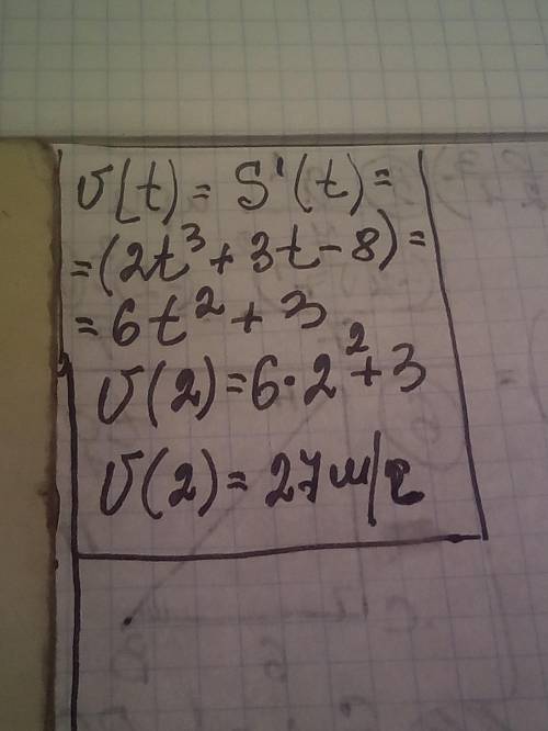 Точка рухається за законом S(t) = 2t3 +3t - 8. Знайдіть миттєву швидкість у момент часу t0 = 2с.