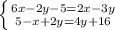 \left \{ {{6x -2y - 5=2x - 3y} \atop{5- x+2y=4y+16}} \right.