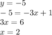 y=-5\\-5=-3x+1\\3x=6\\x=2