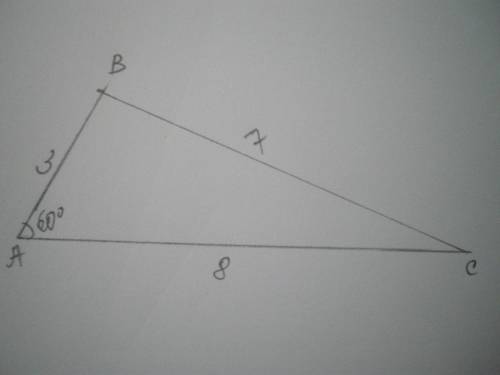 Дві сторони трикутника дорівнюють 8см і 3см, акут між ними - 60°. Знайдіть: 1) невідому сторону трик