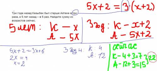 Три года назад Казыбек был старше Айтеке в три раза, а 5 лет назад – в 5 раз. Найдите сумму их возра