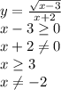 y=\frac{\sqrt{x-3} }{x+2} \\x-3\geq 0\\x+2\neq 0\\x\geq 3\\x\neq -2