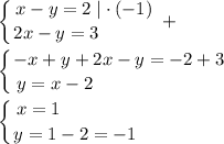 \displaystyle \left \{ {{x-y=2\; |\cdot (-1)} \atop {2x-y=3\qquad \quad}} \right. +\\\\\left \{ {{-x+y+2x-y=-2+3} \atop {y=x-2\qquad \qquad \qquad \quad }} \right. \\\\\left \{ {{x=1\qquad \qquad} \atop {y=1-2=-1}} \right.