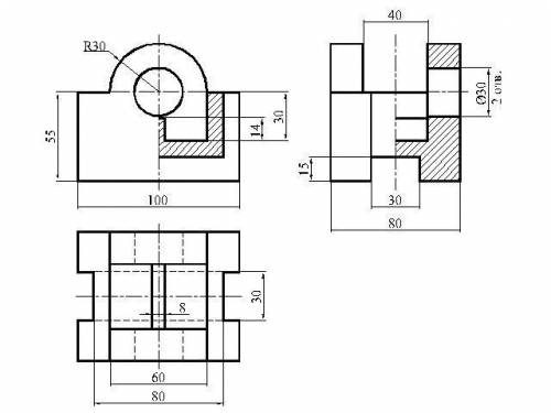 По двум видам детали построить третий. Выполнить разрезы размеры.