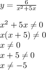 y=\frac{6}{x^2+5x} \\\\x^2+5x\neq 0\\x(x+5)\neq 0\\x\neq 0\\x+5\neq 0\\x\neq -5