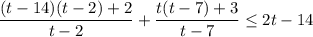 \displaystyle \frac{(t-14)(t-2)+2}{t-2}+\frac{t(t-7)+3}{t-7}\leq 2t-14\\\\\\