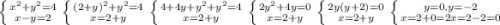 \left \{ {{x^{2}+y^{2} =4} \atop {x-y=2}} \right.\left \{ {{(2+y)^{2} +y^{2} =4} \atop {x=2+y}} \right. \left \{ {{4+4y+y^{2}+y^{2} =4} \atop {x=2+y}} \right. \left \{ {{2y^{2}+4 y=0} \atop {x=2+y}} \right. \left \{ {{2y(y+2)=0} \atop {x=2+y}} \right.\left \{ {{y=0, y=-2} \atop {x=2+0=2 x=2-2=0}} \right.