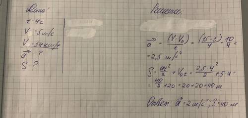 Автомобіль за 4 секунди змінив свою швидкість від 5 м\с до 54 км-год.Визначити його прискорення та п