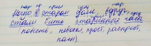 Сделайте синтаксический разбор Ночью в старом доме , вдруг , стали бить старинные часы.