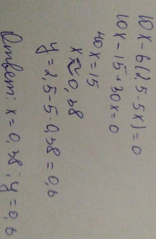 Реши систему уравнений: {2y+10x=5 {10x−6y=0 ответ: (При необходимости ответ округлите до сотых!) x=