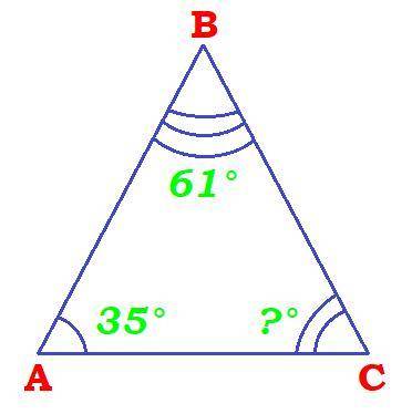 В треугольнике АВС угол А=35°, угол В=61°. Найдите угол С ​