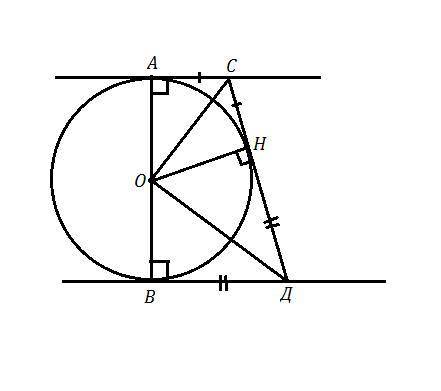 AB – діаметр кола. Через точки А і В проведено дві дотичні до кола. Третя дотичнаперетинає перші дві