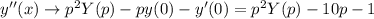 y''(x)\rightarrow p^2Y(p)-py(0)-y'(0)=p^2Y(p)-10p-1