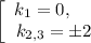 \left[\begin{array}{ccc}k_{1} = 0, \ \ \ \ \\k_{2,3} = \pm 2\\\end{array}\right