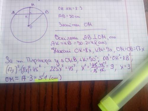 8. Хода АВ перпендикулярна до радіуса ОМ і перетинає його в точці К, ОК : КМ = 8 : 9, АВ = 90см. Зна