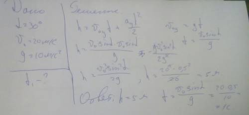 нужно Тело брошено в поле тяжести Земли под углом α=30∘ к горизонту с начальной скоростью V0=20м/c.