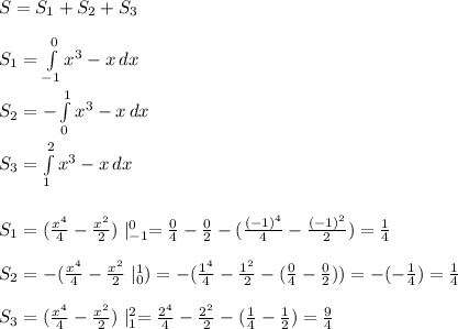 S=S_1+S_2+S_3\\\\S_1=\int\limits^0_{-1} {x^3-x} \, dx\\\\S_2=-\int\limits^1_0 {x^3-x} \, dx \\\\S_3=\int\limits^2_1 {x^3-x} \, dx\\\\\\S_1=(\frac{x^4}{4}-\frac{x^2}{2})\mid^0_{-1}=\frac{0}{4}-\frac{0}{2}-(\frac{(-1)^4}{4}-\frac{(-1)^2}{2})=\frac{1}{4}\\\\S_2=-(\frac{x^4}{4}-\frac{x^2}{2}\mid^1_0)=-(\frac{1^4}{4}-\frac{1^2}{2}-(\frac{0}{4}-\frac{0}{2}))=-(-\frac{1}{4})=\frac{1}{4} \\\\ S_3=(\frac{x^4}{4}-\frac{x^2}{2})\mid^2_1=\frac{2^4}{4}-\frac{2^2}{2}-(\frac{1}{4}-\frac{1}{2})=\frac{9}{4}\\\\\\