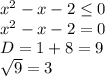 x^{2} -x-2\leq 0\\x^{2} -x-2=0\\D=1+8=9\\\sqrt{9} =3