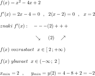 f(x)=x^2-4x+2\\\\f'(x)=2x-4=0\ \ ,\ \ 2(x-2)=0\ \ ,\ \ x=2\\\\znaki\ f'(x):\ \ \ ---(2)+++\\\\{}\qquad \qquad \qquad \quad \searrow \ \ \ \ (2)\ \ \ \nearrow \\\\f(x)\ vozrastaet\ \ x\in [\; 2\, ;+\infty \, )\\\\f(x)\ ybuvaet\ \ x\in (-\infty \, ;\; 2\; ]\\\\x_{min}=2\ \ ,\ \ \ \ y_{min}=y(2)=4-8+2=-2