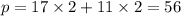 p = 17 \times 2 + 11 \times 2 = 56