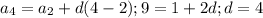 a_4=a_2+d(4-2); 9=1+2d; d = 4