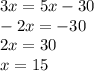 3x=5x-30\\-2x=-30\\2x=30\\x=15\\