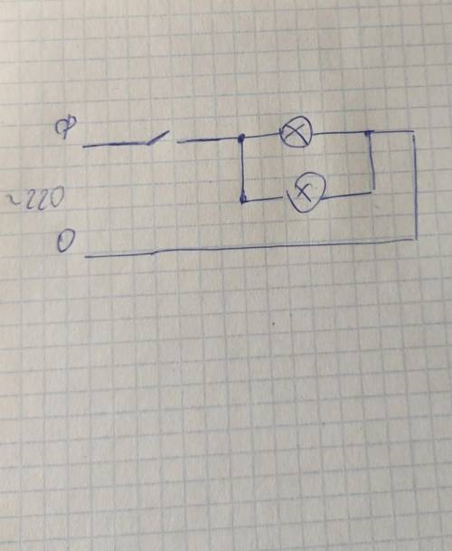 Начертите схему электрической цепи, состоящей из источника тока, выключателя и двух ламп, соединённы