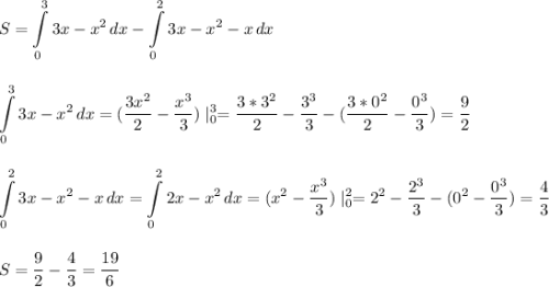 \displaystyle S=\int\limits^3_0 {3x-x^2} \, dx-\int\limits^2_0 {3x-x^2-x} \, dx \\\\\\\int\limits^3_0 {3x-x^2} \, dx =(\frac{3x^2}{2}-\frac{x^3}{3} )\mid^3_0=\frac{3*3^2}{2}-\frac{3^3}{3}-(\frac{3*0^2}{2}-\frac{0^3}{3})=\frac{9}{2}\\\\\\ \int\limits^2_0 {3x-x^2-x} \, dx=\int\limits^2_0 {2x-x^2} \, dx=(x^2-\frac{x^3}{3})\mid^2_0=2^2-\frac{2^3}{3}-(0^2-\frac{0^3}{3})=\frac{4}{3}\\\\\\ S=\frac{9}{2}-\frac{4}{3}=\frac{19}{6}