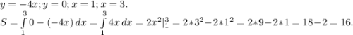 y=-4x;y=0;x=1;x=3.\\S=\int\limits^3_1 {0-(-4x)} \, dx=\int\limits^3_1 {4x} \, dx=2x^2|_1^3=2*3^2-2*1^2=2*9-2*1=18-2=16.