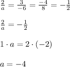 \frac{2}{a} = \frac{3}{-6} = \frac{-4}{8} = -\frac{1}{2} \\\\\frac{2}{a} = -\frac{1}{2} \\\\1 \cdot a = 2 \cdot (-2)\\\\a = -4