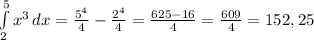 \int\limits^5_2 {x^{3}} \, dx =\frac{5^{4}}{4}-\frac{2^{4}}{4}=\frac{625-16}{4}=\frac{609}{4}=152,25