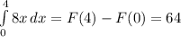 \int\limits^4_0 {8x} \, dx = F(4) - F(0) = 64