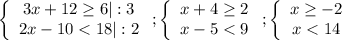 \left\{\begin{array}{ccc}3x+12\geq6|:3 \\2x-10