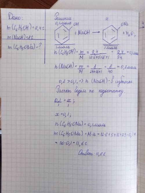 Какая масса фенолята натрия может быть получена при действии фенола массой 9,4 г с раствором гидрокс