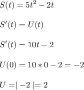 \displaystyle\\S(t)=5t^2-2t\\\\S'(t)=U(t)\\\\S'(t)=10t-2\\\\U(0)=10*0-2=-2\\\\U=\mid -2 \mid =2